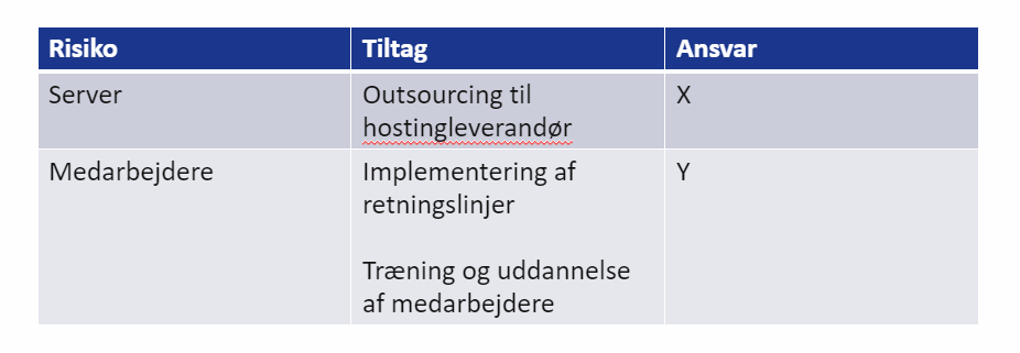 Actionliste der forklarer risiko, tiltag til risiko og hvem der har ansvaret for det