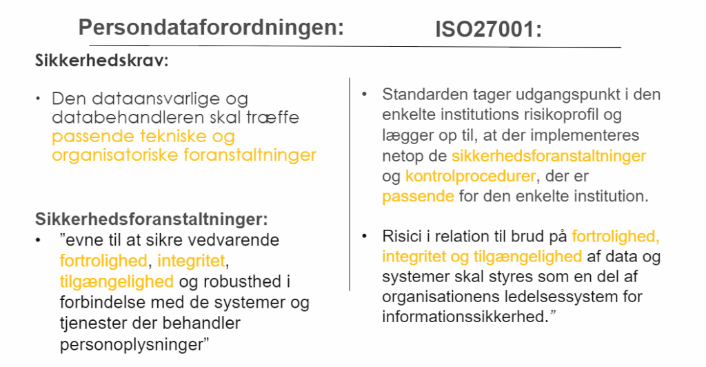 Tabel der viser link mellem persondataforordningen og ISO27001 
