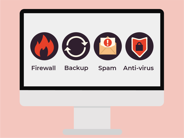 Illustration af tekniske værktøjer, firewalls, backup, spam og anti-virus