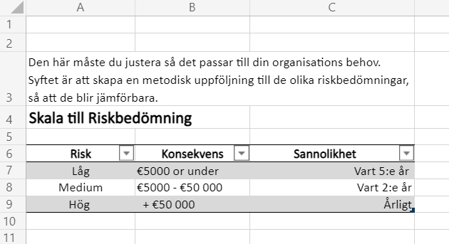 Skärmbild  över skala i risk och konsekvensanalysens matrix 