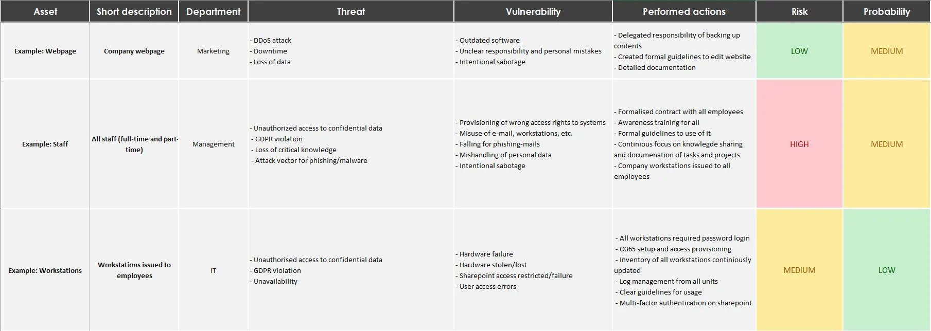 screen shot of the risk analysis template