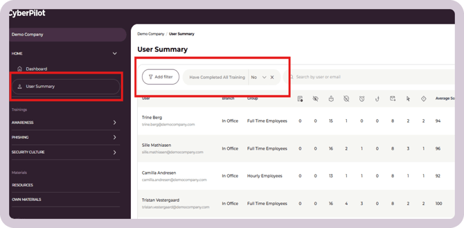 filter in summary report